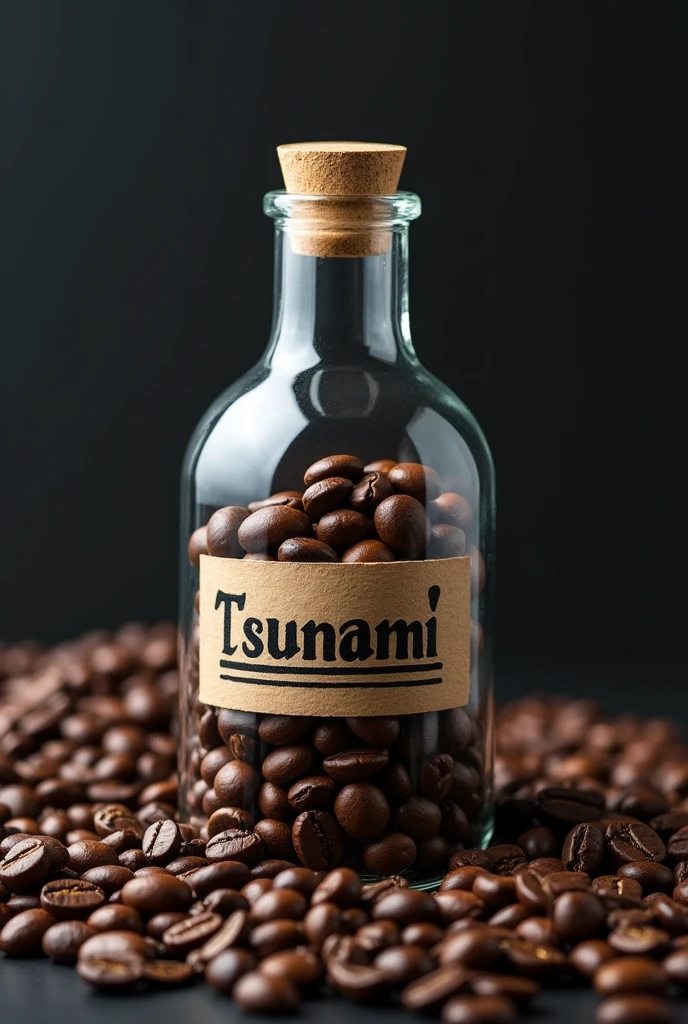 A coffe glass bottle named tsunami at 
coffee beans 
