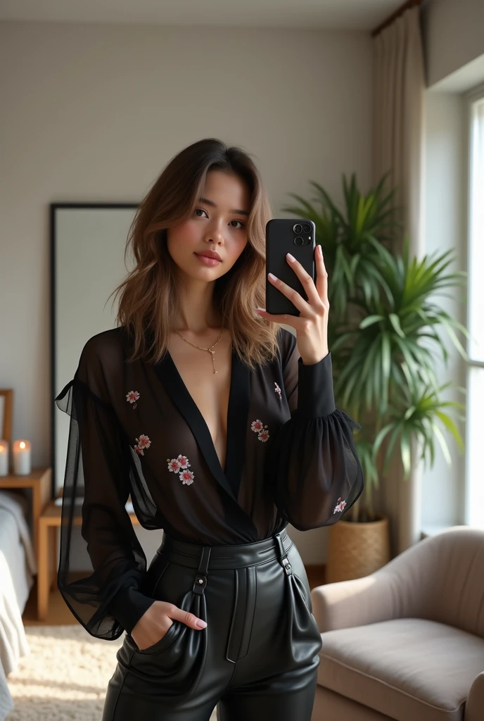 A young Caucasian woman in her twenties with slightly wavy, shoulder-length brown hair is standing in her modern bedroom. She wears a long-sleeved, slightly see-through black silk top with delicate floral designs. She paired it with high waisted black faux leather pants, which made her look chic and elegant. Her hair is styled naturally, falling freely around her face with soft curls. She holds her smartphone with one hand in front of her mirror, capturing a photo of herself. His expression is confident and slightly mysterious, with a subtle smile. The room is modern with neutral colors, minimalist furniture, and a potted green plant in the corner. There is a large framed mirror against the wall behind her, reflecting part of the room. Natural light enters through a large window to its left, softly illuminating the scene. Accessories like scented candles, a thick rug, and a velvet armchair add a sophisticated and welcoming touch to the ambiance.
