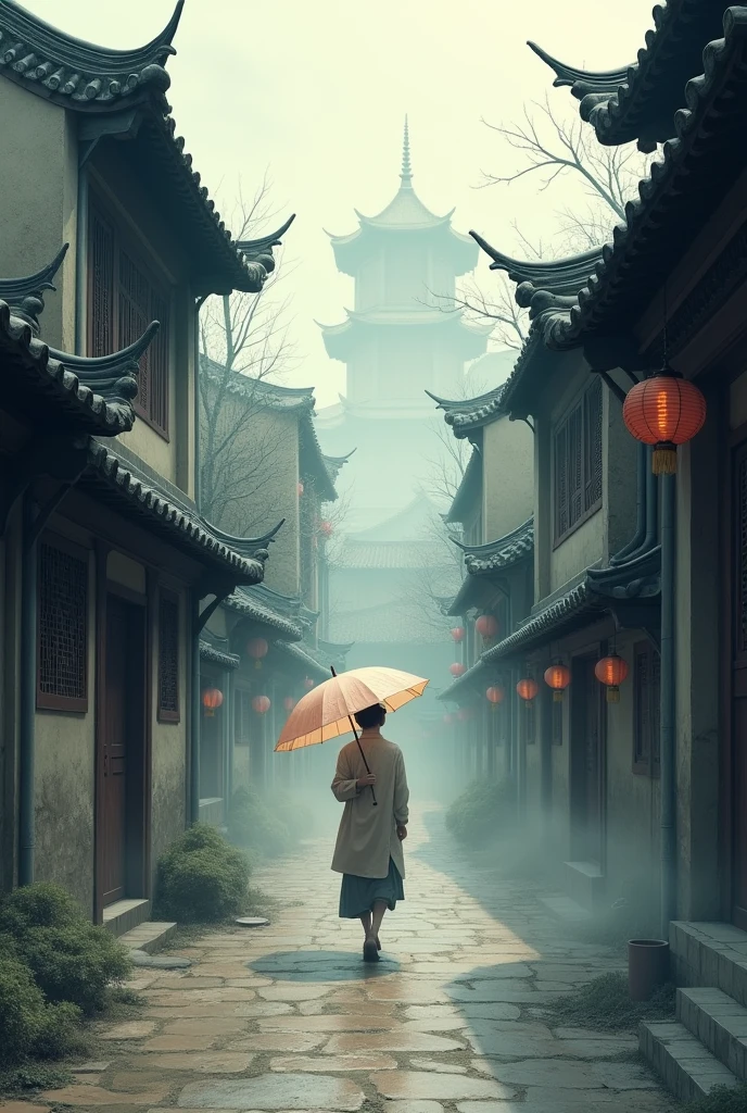 there is a person walking down a street with an umbrella, dreamy chinese town, chinese village, misty alleyway, misty alleyways, ancient city streets behind her, chinese architecture, old asian village, ancient chinese architecture, by Wu Zhen, by Xia Yong, by An Zhengwen, zhouzhuang ancient town, in a narrow chinese alley, by Zhou Wenjing