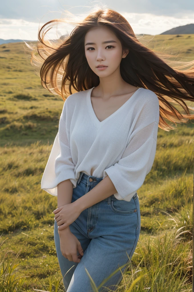 Beautiful woman Strong winds storm grassland Beautiful face Beauty beautiful girl
