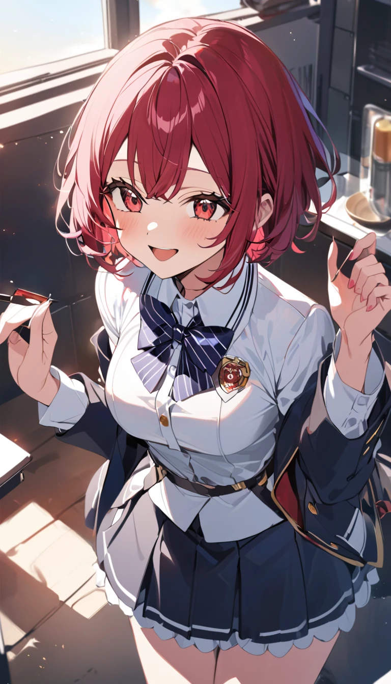 Top quality, masterpiece, anime style, red hair, short hair, red eyes (1:3), high school girl, school uniform, navy blue blazer, navy blue mini skirt, beautiful thighs, hand on chest, smiling, classroom