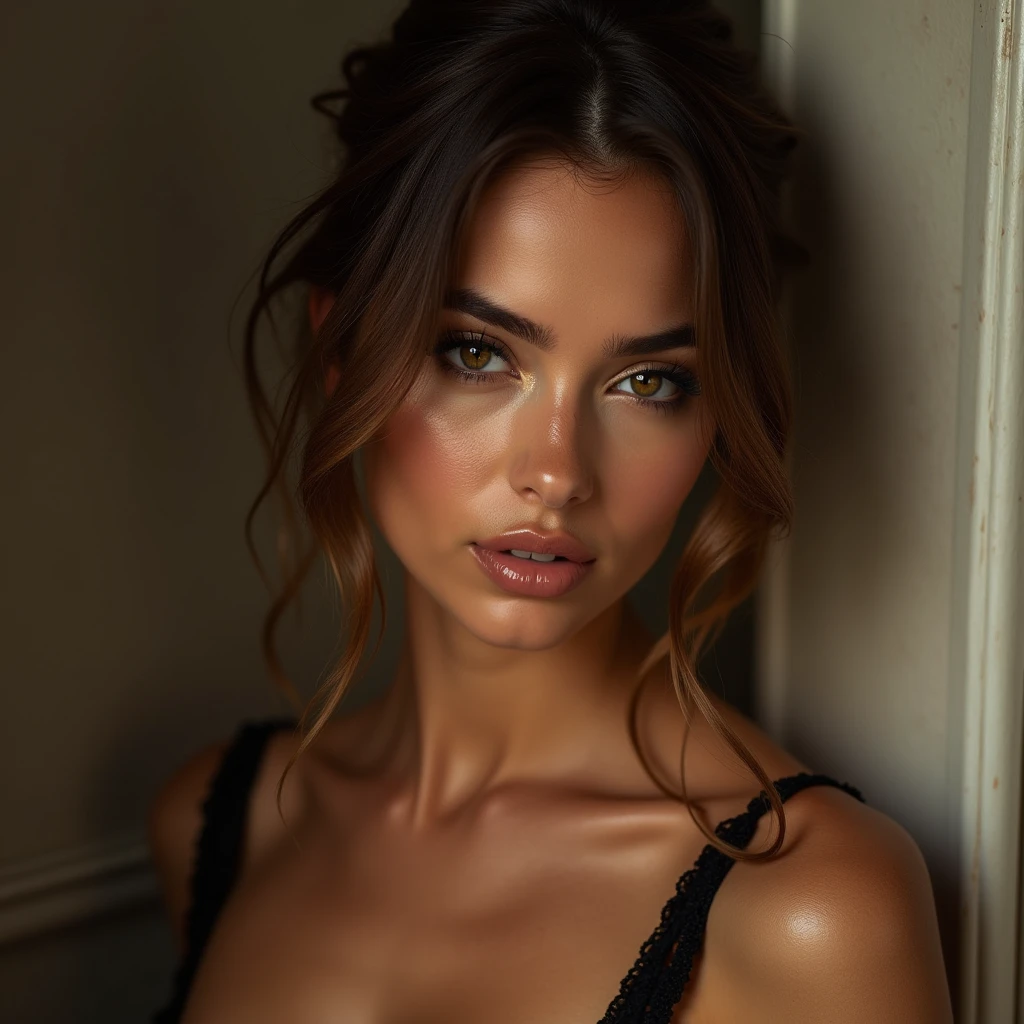 A French fashion model is posing sexy and looking provocatively with a seductive smile