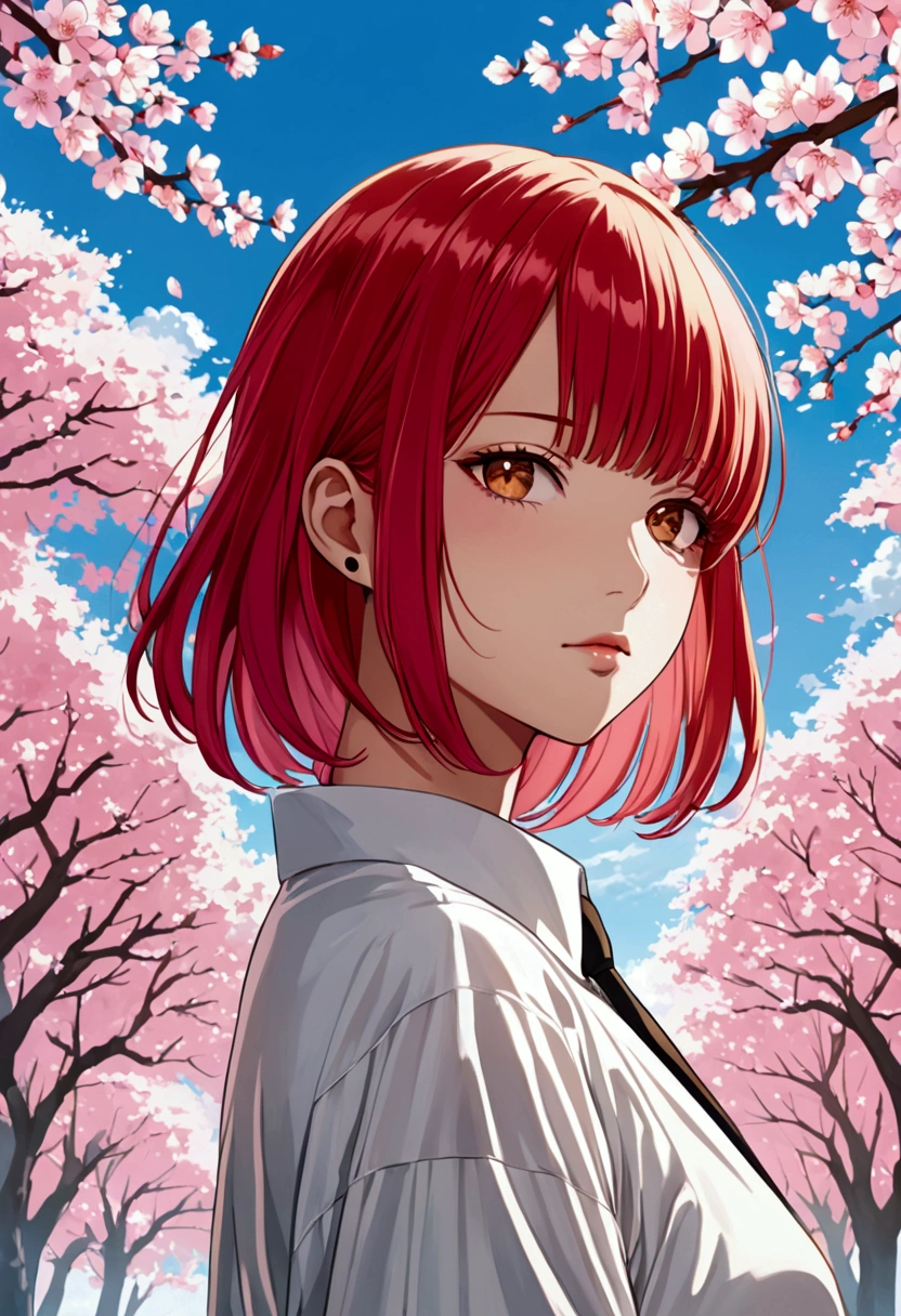 ((Go Min-si)) Create a striking anime-style digital illustration featuring a front portrait of Makima from Chainsaw Man. Portray her with her signature vibrant red hair, styled with straight bangs and a long braid draped over her right shoulder. Her piercing golden eyes with circular patterns should be the focal point, exuding an air of mystery and power. Dress Makima in a crisp white shirt with a black tie, conveying her professional demeanor. The lighting should emphasize the contours of her face and the folds of her clothing, creating depth and dimension. Set the background against a serene blue sky filled with blooming cherry blossoms, their delicate pink petals contrasting beautifully with Makima's red hair. The cherry blossoms should be rendered in soft, ethereal strokes to create a dreamlike atmosphere. Use a vibrant color palette dominated by the red of Makima's hair, the blue of the sky, and the pink of the cherry blossoms. The art style should blend sharp, clean lines for Makima's features with softer, more painterly techniques for the background elements. Incorporate subtle details like light reflections in her eyes, individual strands of hair catching the light, and the gentle movement of her shirt in a light breeze. The overall composition should capture Makima's enigmatic and slightly unsettling presence, contrasted against the peaceful spring setting.