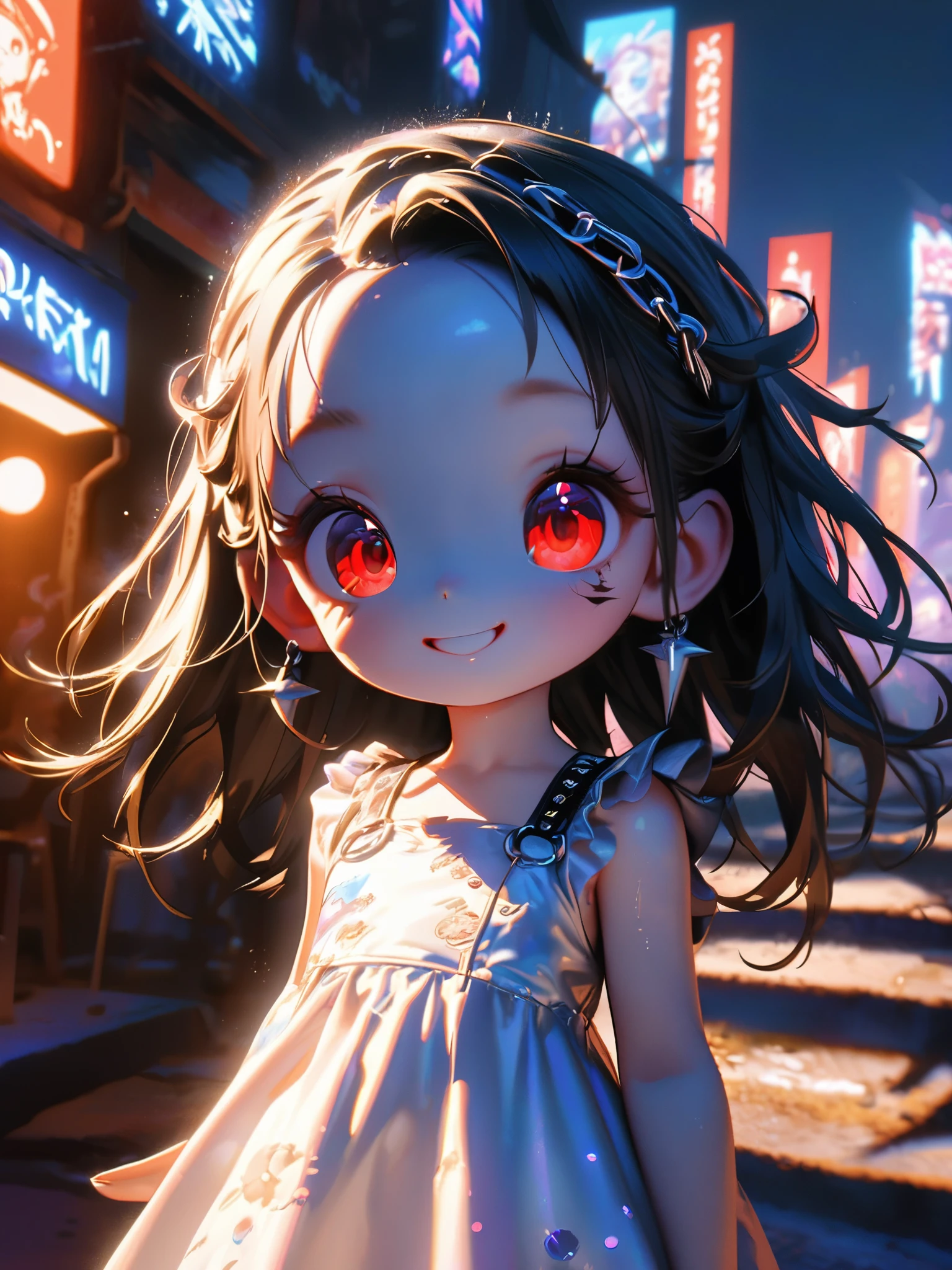 1 person, chromatic aberration, Written boundary depth, Soft Light, masterpiece, Highest quality, complicated, Tone Mapping, A place where fireworks are set off at festivals. Concept Art, Smooth, Clear focus, Dramatic lighting, Very cinematic, super practical painting, アートステーション's trending, 8k, Incredible Shadows, practical, whole body, View, Viewers, Portrait of a Girl 1, standing on street corner, Heavy rain and lightning、Dark Sky, neon and cyber punk background, she is dressed in punk clothing with silver chains and silver spikes, Her hair was dyed a bright black color..........Ominous aura of light, smile, punk, ciber punk, Backlight.Fashionable clothes、Friendly dress code:wearing cute white dress.My breasts are a little big.Beautiful red eyes