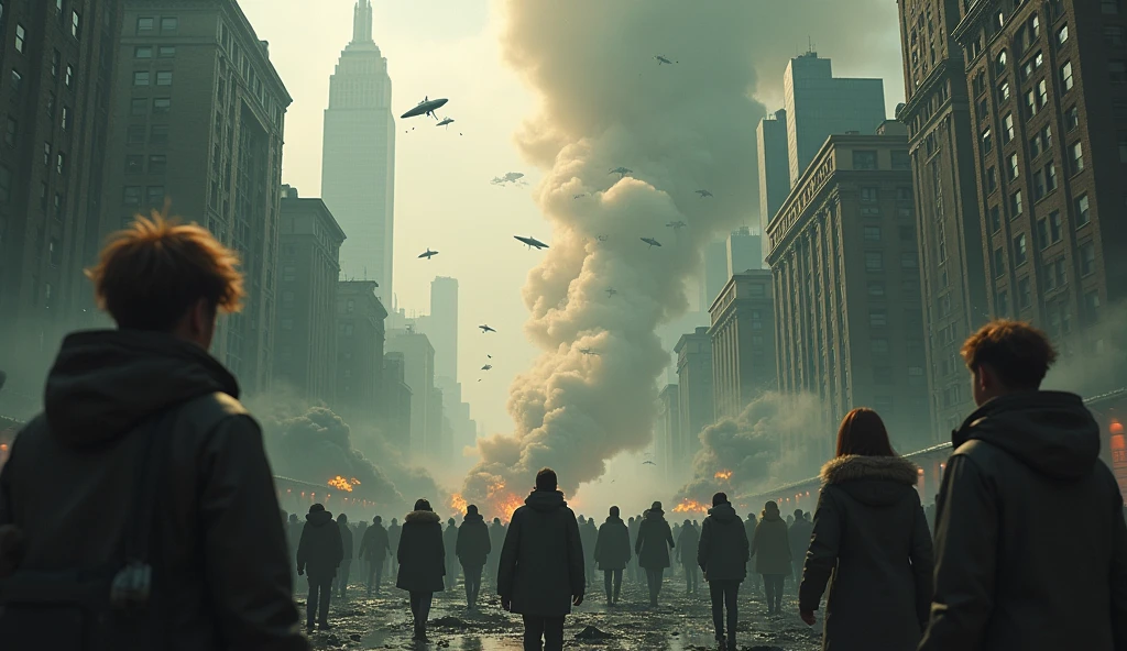 2024; (masterpiece, best quality) destroyed city (new York)scared people looking up; bombs falling from the sky.