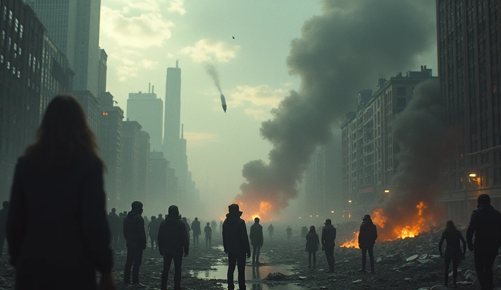 2024; (masterpiece, best quality) destroyed city (new York)scared people looking up; bombs falling from the sky.