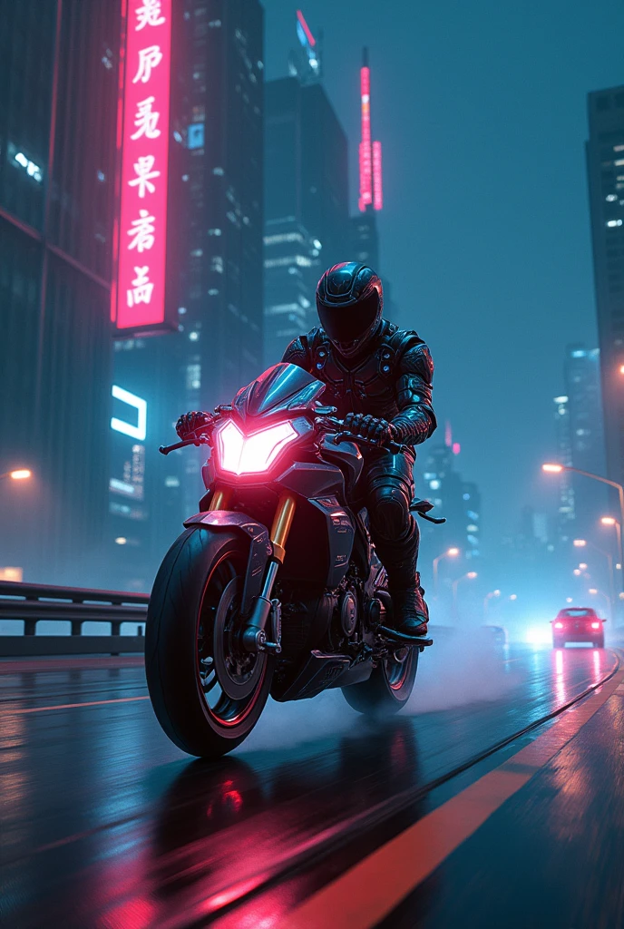  Rider riding a superbike in robotic suit in dark night on highway in anime style 
