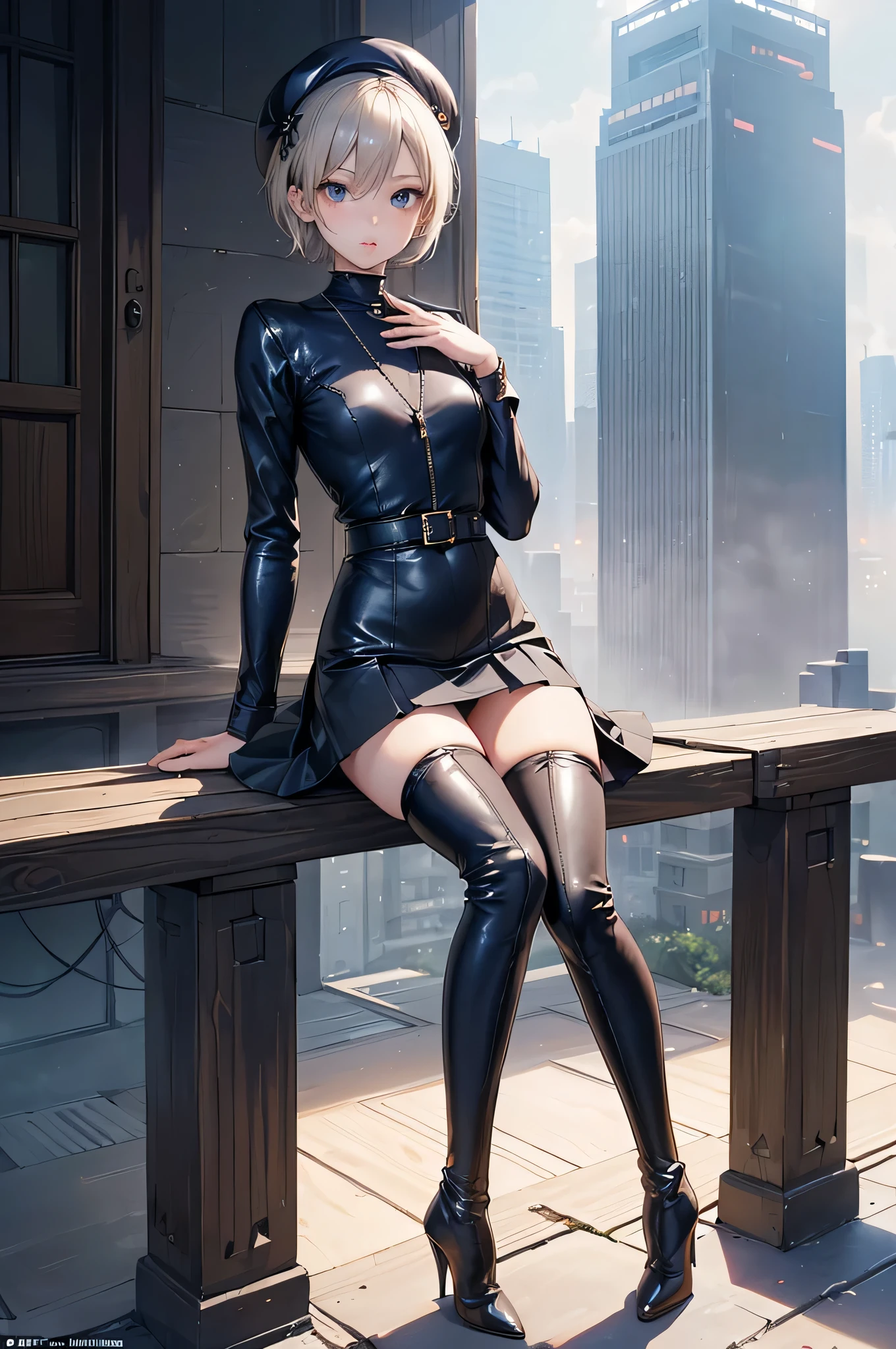 ((Biologically correct limb count)),(( From head to toe,Full-body photo including face)),4K,masterpiece,((Focus on the face)),((Symmetrical facial features)),Eyes with detailed description,Beautiful woman,Great style,Beautiful arms,Beautiful legs,Beautiful Hands,(Small Ass,Thin thighs),Detailed depiction of the face,Small earrings,necklace,(Navy leather clothes,skirt((High heels,Thigh-high boots))),Fantastic photos,Short Hair,Stand at an angle,Meeting,Alluring,beret,(Outdoor,A foggy early morning in Tokyo;1.2),Sitting