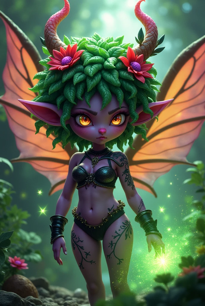 Prismatic coloration. Jungle like environment. A Short young Gremlin like Plant woman with a Deep purple skin tone. She has a gorgeous set of B-cup breasts, curvaceous hips, Slender Legs, & a round but small ass. She has short leaf green curly hair stopping at the top of her neck with various flowers growing within. She is wearing a revealing Yet royal Black & Purple Bikini like armor exposing much of her chest area with Golden celestial designs. She wears an otherworldly royal Tiara on her head. She has a serious face with a sad frown & a stern gaze in her sharp Rainbow Glowing eyes with black sclera & a heavily freckled form. She has long sharp Transparent Crystal like Blood-Red Demonic horns radiating heavenly energy & a set of elegant Elven ears. She has long Ruby red vine like tattoos running all around her body accompanied by Crimson Star-like Tattoos running along them. She has a small cute deer like snout. She has large Crystal Golden Fairy-like wings with a starlike pattern. She is seen in a battle stance summoning verdant green Stardust magic from her fingertips.