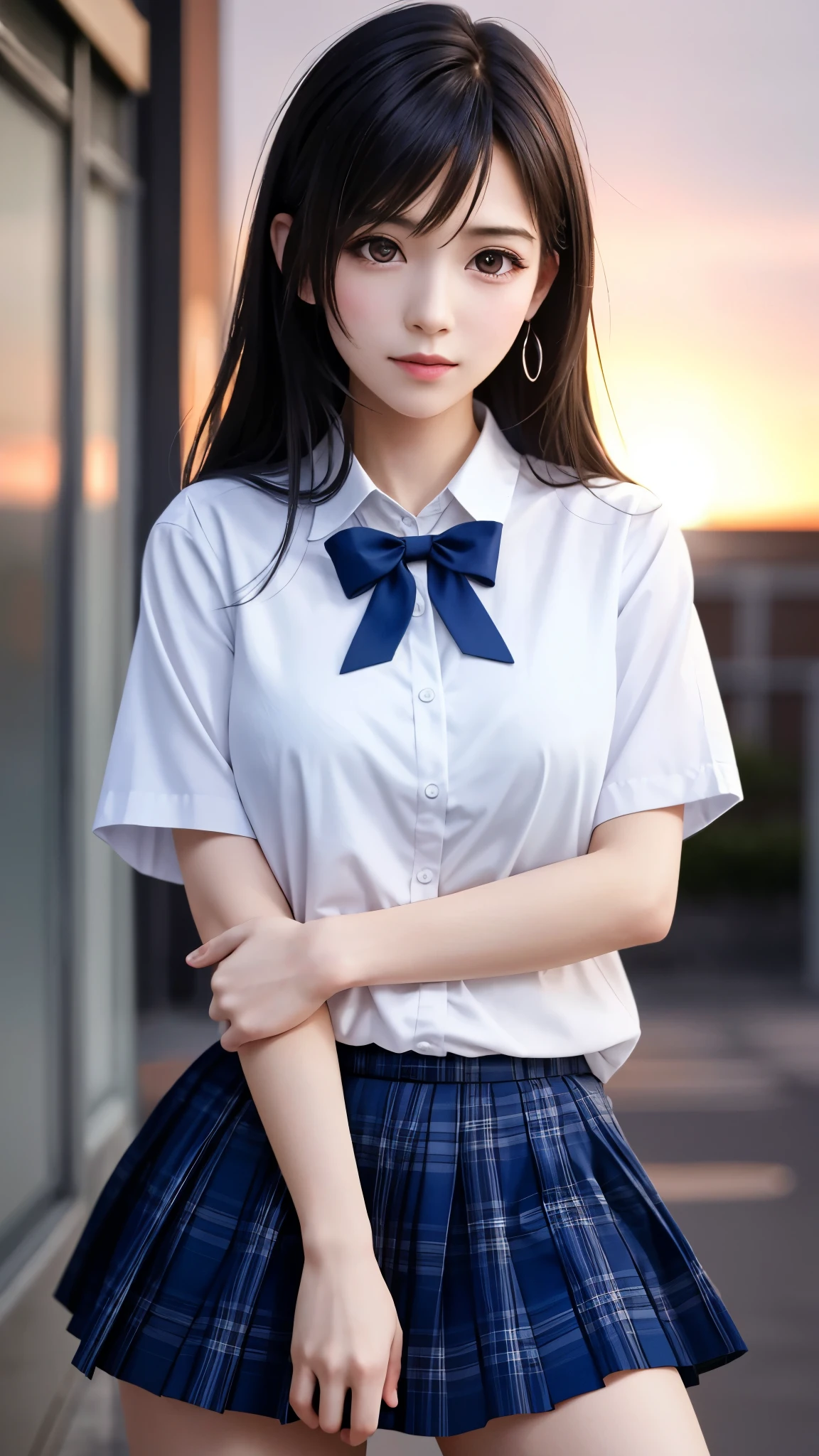 {Top Quality, Masterpiece}, (Realistic: 1.3), Wallpapers, ultra high res, ultra high quality, BREAK {{{FF7, Tifa_lockhart, solo}}},{{{Japan JK uniform, White short-sleeved shirt, Navy Blue Plaid Pleated Skirt, Dark blue short socks, loafers, see through shirt}}}, {{{Kawaii, Nogizaka idol}}}, Ultra-detailed face, Detailed eyes, Red eyes, (black brown hair, Large breasts: 1.0), About 1, sensual, looking away, {{{erotic face ,erotic mouth, erotic eyes}}}, face focus:1.2, sexy pose:1.2, BREAK {{background school, class room, at Sunrise}},