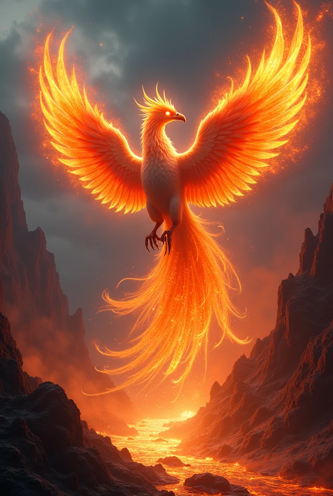 In the heart of a fiery, apocalyptic landscape, a majestic phoenix rises from a sea of molten lava, its wings ablaze with vibrant, swirling flames in hues of red, orange, and gold. The bird's feathers shimmer with an ethereal glow, casting light across the darkened sky as it ascends, leaving trails of burning embers in its wake. Its eyes blaze with intense, ancient wisdom, and its talons grasp the air with fierce determination. The surrounding mountains crumble under the heat, and the air crackles with energy as the phoenix soars higher, embodying the unstoppable force of rebirth and immortality. This breathtaking image captures the raw power and beauty of the mythical creature in a moment of triumphant resurgence, blending realism with the awe-inspiring magic of legend