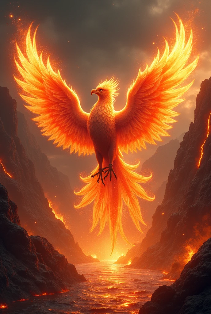 In the heart of a fiery, apocalyptic landscape, a majestic phoenix rises from a sea of molten lava, its wings ablaze with vibrant, swirling flames in hues of red, orange, and gold. The bird's feathers shimmer with an ethereal glow, casting light across the darkened sky as it ascends, leaving trails of burning embers in its wake. Its eyes blaze with intense, ancient wisdom, and its talons grasp the air with fierce determination. The surrounding mountains crumble under the heat, and the air crackles with energy as the phoenix soars higher, embodying the unstoppable force of rebirth and immortality. This breathtaking image captures the raw power and beauty of the mythical creature in a moment of triumphant resurgence, blending realism with the awe-inspiring magic of legend