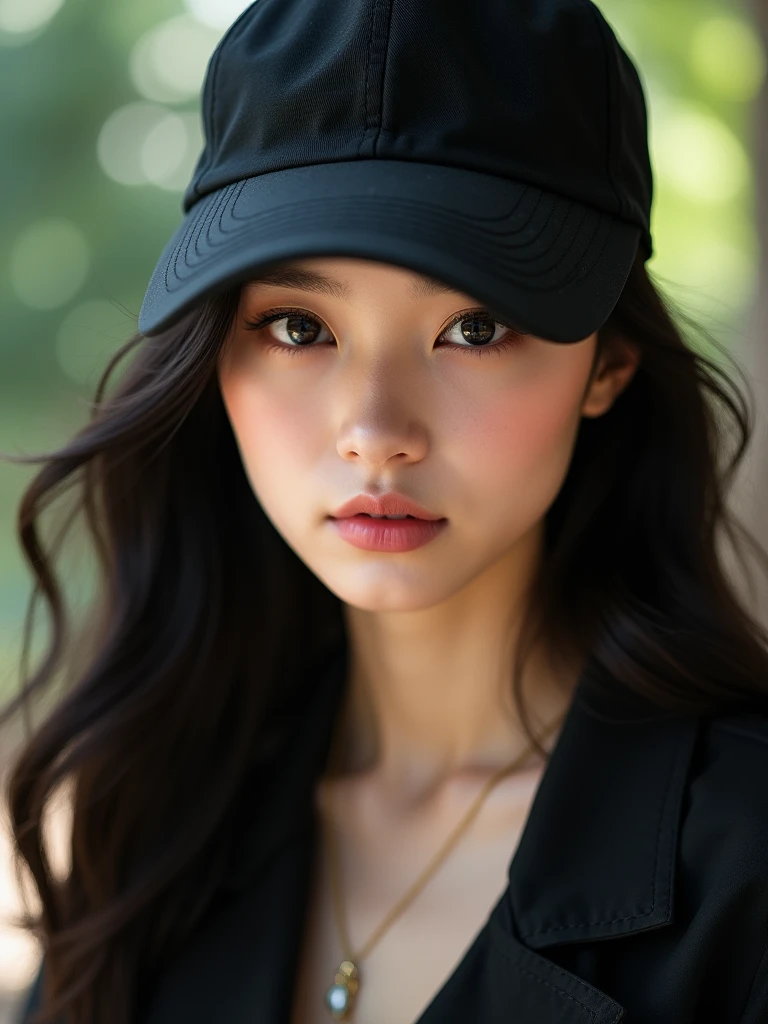 chinese girl 20 years old , with flawless face,focus on her gaze,cute,beautiful,high quality beautiful,black hair ,with black bisbol hat,casual style ,natural ,badass