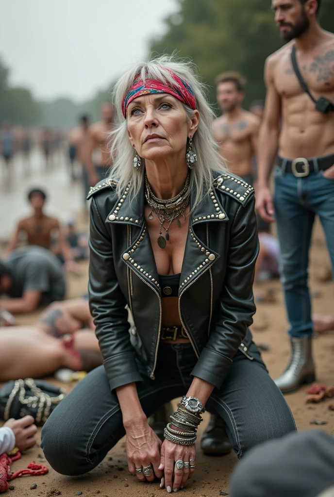 russian old milf woman, grey hair (middle part) and wide colourful bandana as headband, with very light blue eyes, extremely pale. Wearing studded cropped black moto jacket with lots of zippers and pins, black push up bra with white seams , dark skinny blue jeans and pointy silver Chelsea boots with cuban heels  . Studded Choker. Lots of metallic bracelets and collars. Tacky wide studded leather belt with oversized skull and bones buckle. Long bohemian earrings. Kneeling like in a payer, looking at the camera, humble facial expression. Hands on her knees, showing off bracelets and rings. studded black leather tote bag with chains on the floor, next to her..  Listening in amazement to somebody speaking to her, toned six pack abdominals, thin neck, slim legs and thin arms. Tattoed heavily.  A lot of people around looking at her, next to her, all her belongings on the floor