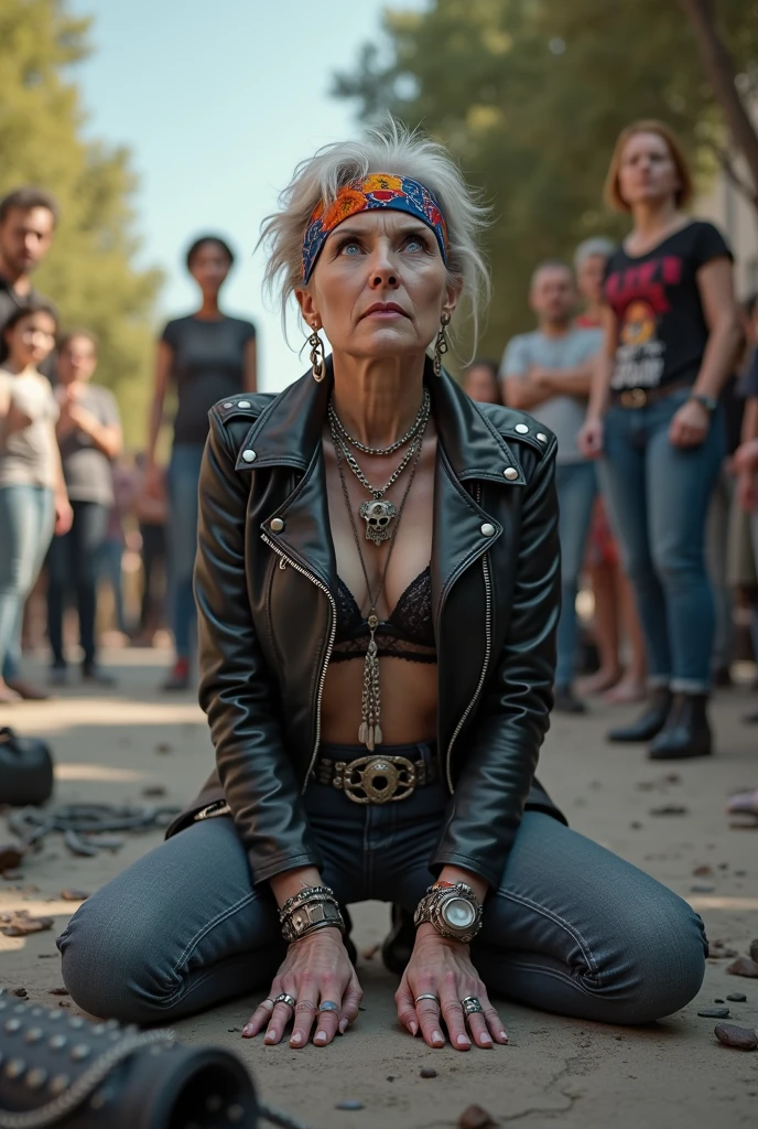 russian old milf woman, grey hair (middle part) and wide colourful bandana as headband, with very light blue eyes, extremely pale. Wearing studded cropped black moto jacket with lots of zippers and pins, black push up bra with white seams , dark skinny blue jeans and pointy silver Chelsea boots with cuban heels . Studded Choker. Lots of metallic bracelets and collars. Tacky wide studded leather belt with oversized skull and bones buckle. Long bohemian earrings. Kneeling like in a payer, looking at the camera, humble facial expression. Hands on her knees, showing off bracelets and rings. studded black leather tote bag with chains on the floor, next to her.. Listening in amazement to somebody speaking to her, toned six pack abdominals, thin neck, slim legs and thin arms. Tattoed heavily. A lot of people around looking at her, next to her, all her belongings on the floor