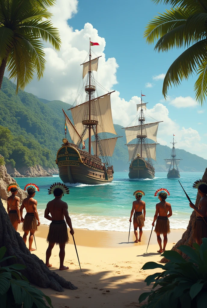 With the theme of Portuguese colonization in Brazil, I want to show the Portuguese ships landing in Brazil, which is full of forests, and the Indians, surprised and afraid, with spears in their hands, watching them disembark.