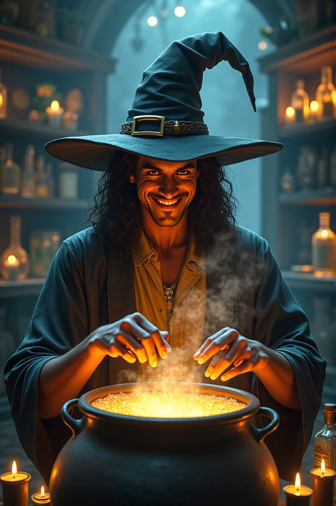Create an image of the football player Ronaldinho Gaúcho wearing a wizard's hat and stirring a cauldron of magical potions, reflecting his nickname 'Bruxo'. The wizard's face must be that of the former player Ronaldinho Gaúcho. In the environment of the image, there should be a witch's cauldron where Ronaldinho Gaúcho is preparing a magical potion. The purpose of this creation is to highlight all of Ronaldinho's qualities as a football player, which earned him the nickname 'Bruxo'.