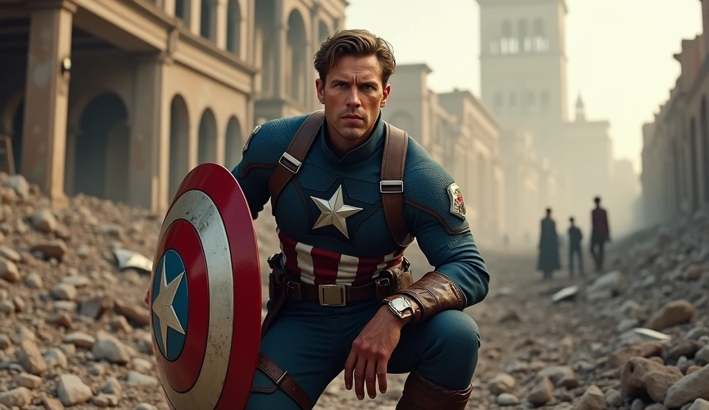 1850's Marvel Avengers character, captain america , vintage captain america, realistic, realistic character, vintage, vintage character, vintage background, male, destroyed city in background, highly detailed, extremely detailed, 8k, masterpiece, ultra-detailed, photorealistic, hdr, studio lighting, physically-based rendering, extreme detail description, vivid colors, dramatic lighting, cinematic, epic, captain america from 90s, superhero landing on knees, people in the background