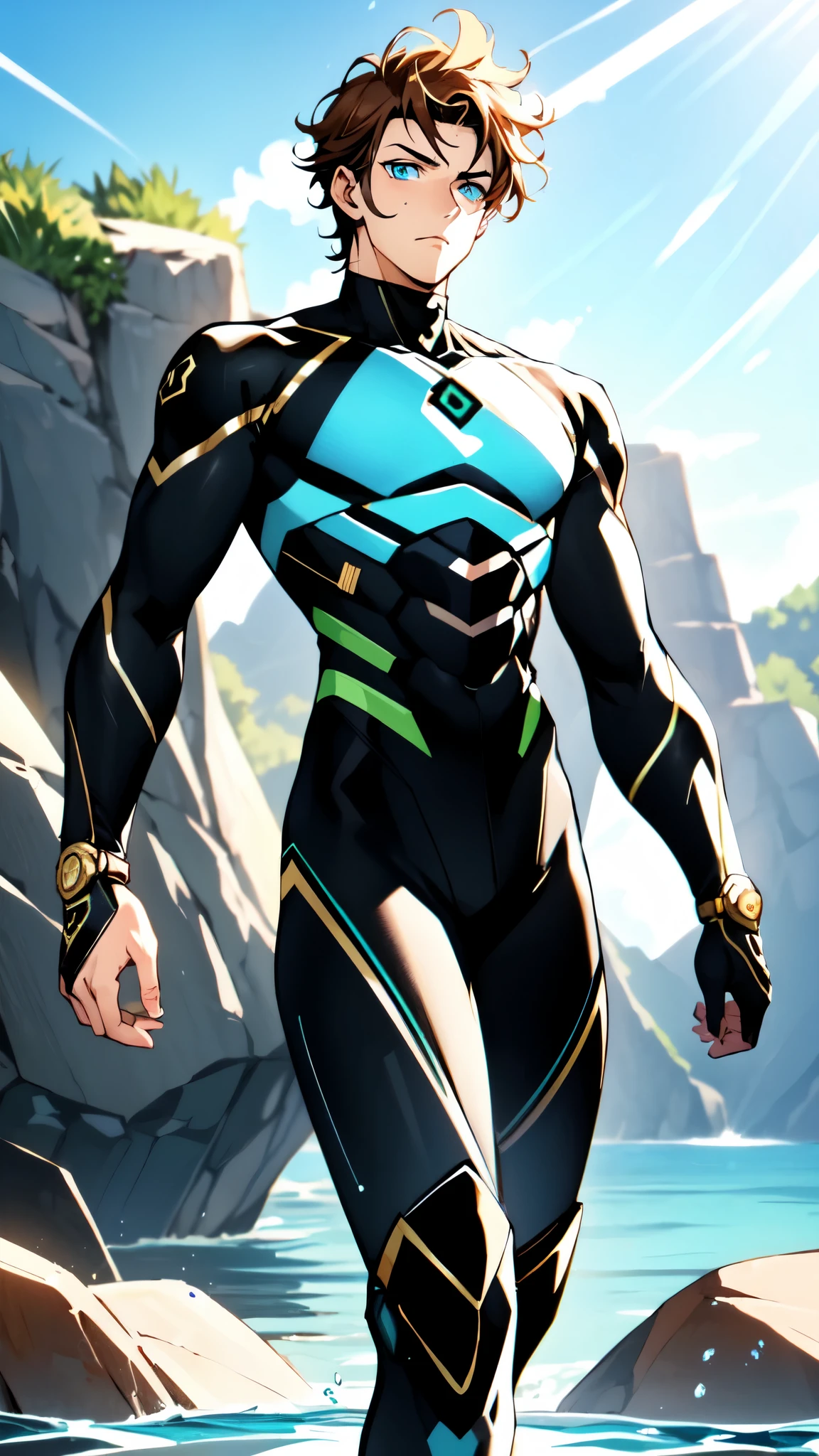 (masterpiece:1.2, best quality:1.2, extremely delicate:1.2), ((male:1.5)), a mature man with short slightly curly brown hair, a well-defined face, intense eyes, a thoughtful expression, brown skin, tall and athletic build, a futuristic fantasy-style blue and black short-sleeved tight-fitting wetsuit, matching trousers, wrist guards, he sits leisurely on a seaside rock, this character embodies a finely crafted futuristic fantasy-style swimmer in anime style, exquisite and mature manga art style, dramatic, high definition, highres, ultra-detailed, ultra-fine painting, professional, perfect body proportions, golden ratio, anatomically correct, symmetrical face, extremely detailed eyes and face, high quality eyes, creativity, RAW photo, UHD, 32k, Natural light, cinematic lighting, (masterpiece-anatomy-perfect:1.2)
