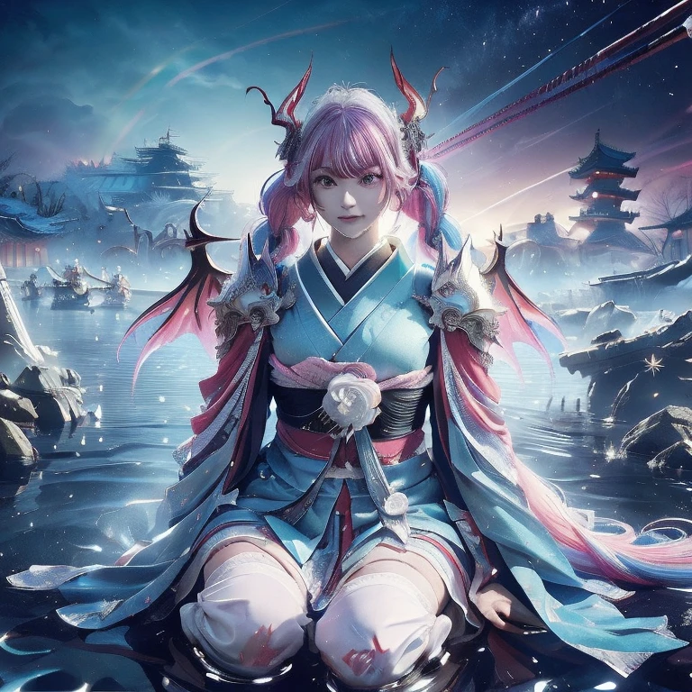 (((Realistic, masterpiece, best quality, crisp detail, high definition, high detail, very rich detail, sharp focus, sharp detail, colorful, Rich color, perfect studio lightning))), ((20 years old, beautiful goddes of water, floating, aqua color hair)),(((in the middle of war, epic war scene, attack stance))), wearing (((beautiful decorated aquatic heavy armor, water dragon armor, decorated full body armor, fully armored beautiful kimono, wide water diabolos wings))), (holding giant blade), (((blood everywhere, death everywhere, Japan Bakumatsu Period, dead bodies,carcass, drowned japanese castle, catastrophic tsunami, flood, three headed water dragon)) traditional village background), heavy rain,a close up of a person with colorful hair and a Rainbow Colors wig, rainbow hair overlay, Rainbow Colors hair, rainbow hair, Rainbow Colors, colorful hair, Colorful long hair, Kawaii Decoration RainbowCore, colorful braids, Hair coloring, colorful hair, Harajuku hair, cute colorful cute, half & half hair dye, Two-color Hair coloring agent bang dream 4th live, liveQR diagram, hololive, Anime cover, Detailed image, official artwork, game cover, Very detailed BD cover, live concert, Night Core, by Sengai, live, vivid), 2 days, QR diagram, singing, Sleeves, l7m, The album cover!, Use your index finger, visual novel cg, Lingchang