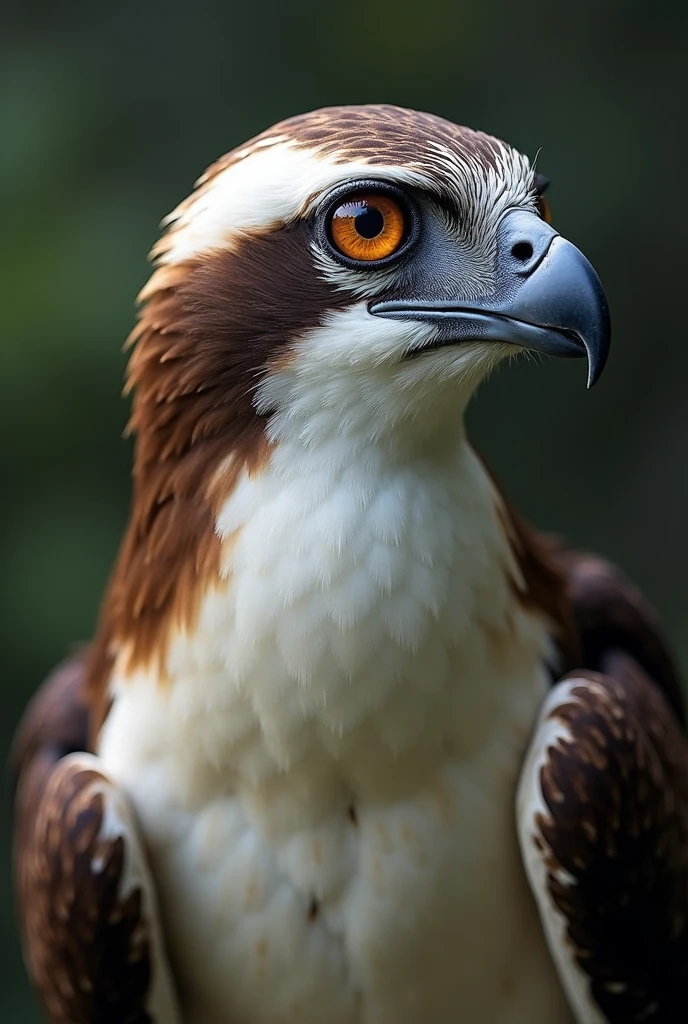 An Osprey bird facing towards the camera  , eyes focused on prey outside the frame, close up view of the head , eyes looking beside  the camera slightly away from direct gaze at camera, 