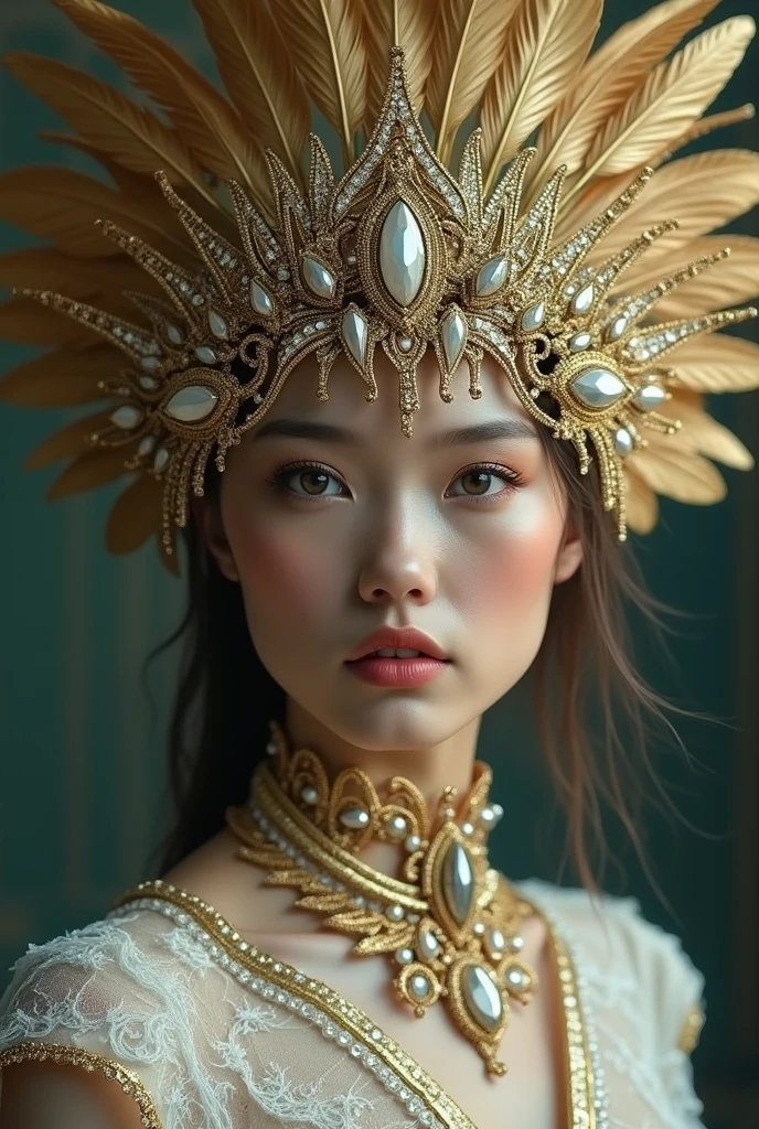 1girl, show upper body, cowboy shot, intricate ornate filigree headpiece, super details, concept art, crystal, detailed golden feathers, sharp focus, still life macro photography, (best_quality, masterpiece:1.2), (highly detailed), (4k, 8k, uhd, high_resolution, highres),