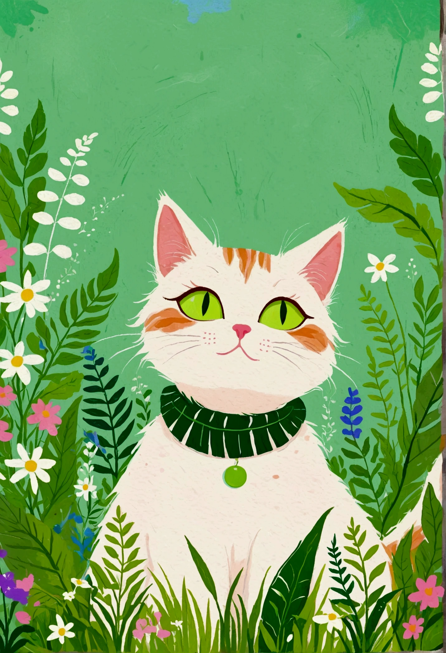 Illustration of a cat with a green patch of grass and plants, Digital Art by Relja Penezic, bib，shutter, Furry Art, cats and plants, Cat design, Illustration of a cat, Drawn in a whimsical style, Anthropomorphic cat, Colorfull illustration, Cute illustrations, Happy cat, A painting of a cat, a A painting of a cat