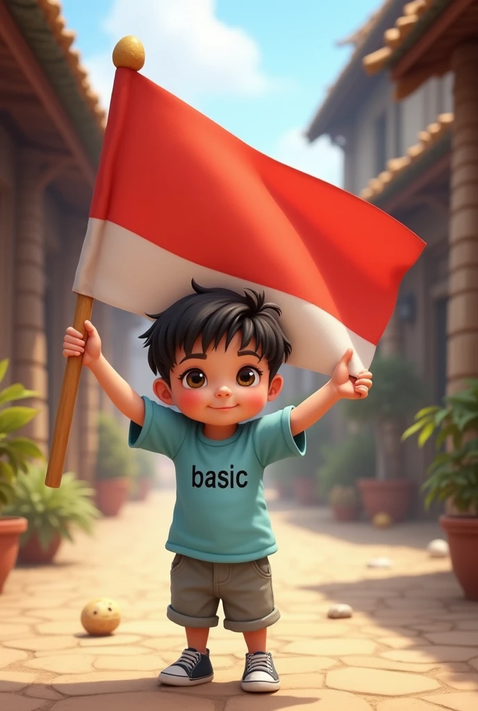 small child wearing a light blue t-shirt that says BASIC and carrying a red and white flag, in the middle of the village.