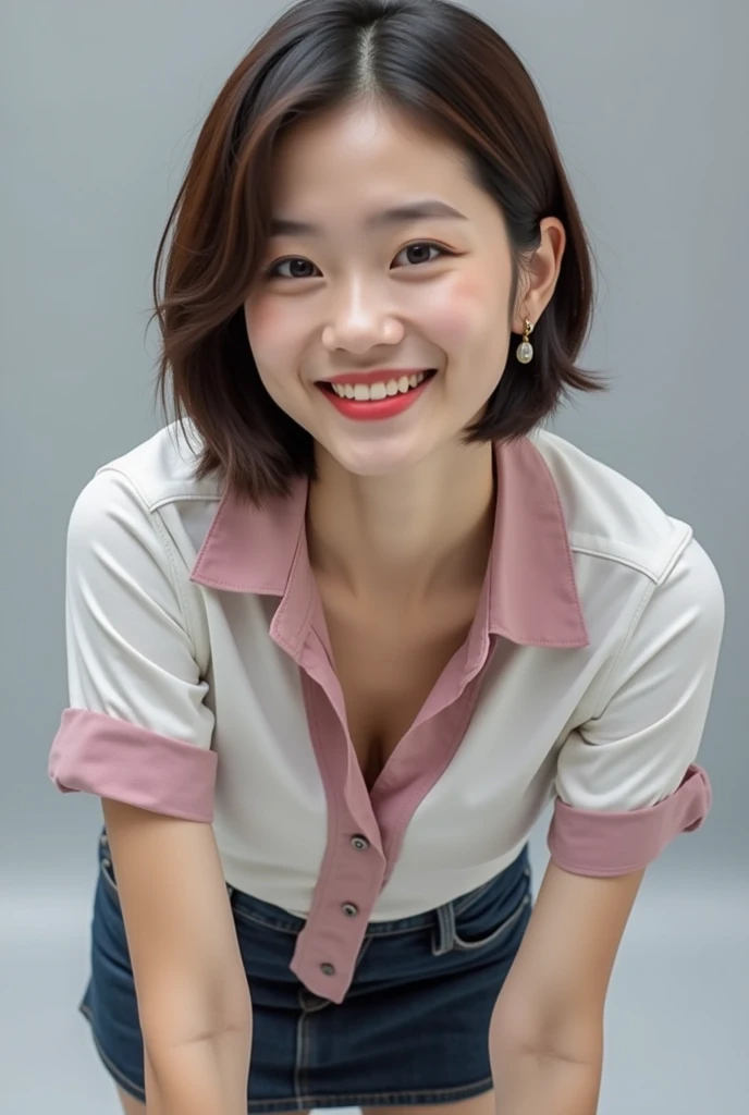((Highest quality, 8k, Portraiture: 1.3)), (Viewer Display), Photographic realism, Sharp focus, alone, A very beautiful Japanese office lady、Denim mini skirt、 (pink v-neck shirt)、oversized clothes,White bra、evil grin、smiling at viewer、short hair、Gray background、Leaning forward、Front Light、Bend your body,front,top-down view、down blouse, ((Cleavage)), (leaning forward:1.8)