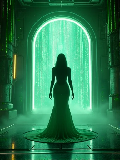 a portal to the matrix, a figure of an ultra hot gorgeous European woman.age 23. Voluptuous hourglass body. Epic cleavage. (100 E size).standing in the center of a glowing, futuristic portal, intricate cyberpunk architecture, neon lighting, glowing digital matrices, volumetric fog, cinematic lighting, hyper-detailed, 8k, photorealistic, dramatic, sci-fi, moody, dark colors