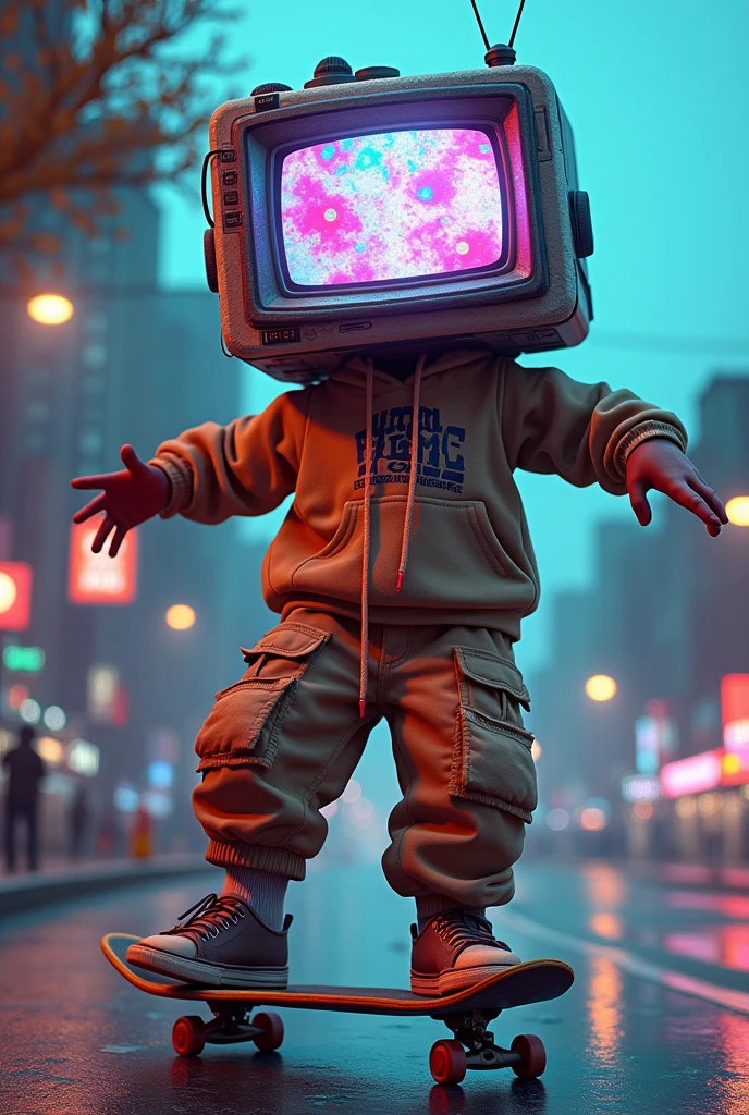 A skateboarding character with a TV head in baggy clothes