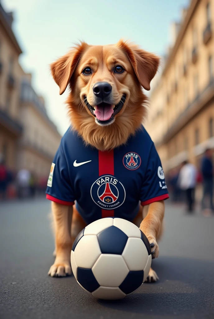 A football dog wearing a PSG shirt