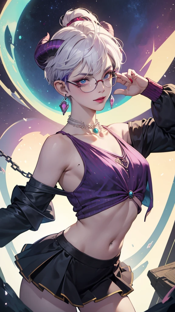8k, masterpiece, best quality, highly detailed, 1 girl, tiefling, warlock, pixie cut, multicolored hair, very short straight hair red highlight hair on white hair, strippled hair, wearing glasses, round glasses, earrings, navel piercing, red eyeshadow, long eyelashes, blushed cheek, red lips, pearl necklace, rings, collarbone, mole on face, glamorous, teal and purple clothes, sleeveless, miniskirt, smirk, close up view, rings, looking at viewer, demon horns, solo, starry sky, pale blue moon, standing, boxing stance, demonic arms, chains on the background.