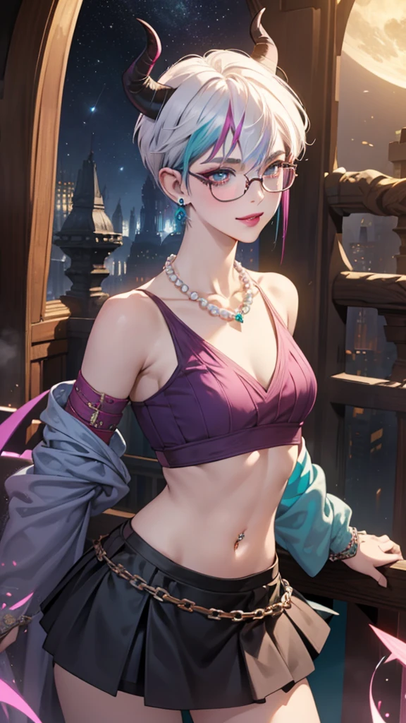 8k, masterpiece, best quality, highly detailed, 1 girl, tiefling, warlock, pixie cut, multicolored hair, very short straight hair red highlight hair on white hair, strippled hair, wearing glasses, round glasses, earrings, navel piercing, red eyeshadow, long eyelashes, blushed cheek, red lips, pearl necklace, rings, collarbone, mole on face, glamorous, teal and purple clothes, sleeveless, miniskirt, smirk, close up view, rings, looking at viewer, demon horns, solo, starry sky, pale blue moon, standing, boxing stance, demonic arms, chains on the background, black lace gloves, left arm crossed, show right armpit.