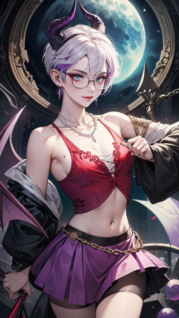 8k, masterpiece, best quality, highly detailed, 1 girl, tiefling, warlock, pixie cut, multicolored hair, very short straight hair red highlight hair on white hair, strippled hair, wearing glasses, round glasses, earrings, navel piercing, red eyeshadow, long eyelashes, blushed cheek, red lips, pearl necklace, rings, collarbone, mole on face, glamorous, teal and purple clothes, sleeveless, miniskirt, smirk, close up view, rings, looking at viewer, demon horns, solo, starry sky, pale blue moon, standing, boxing stance, demonic arms, chains on the background.