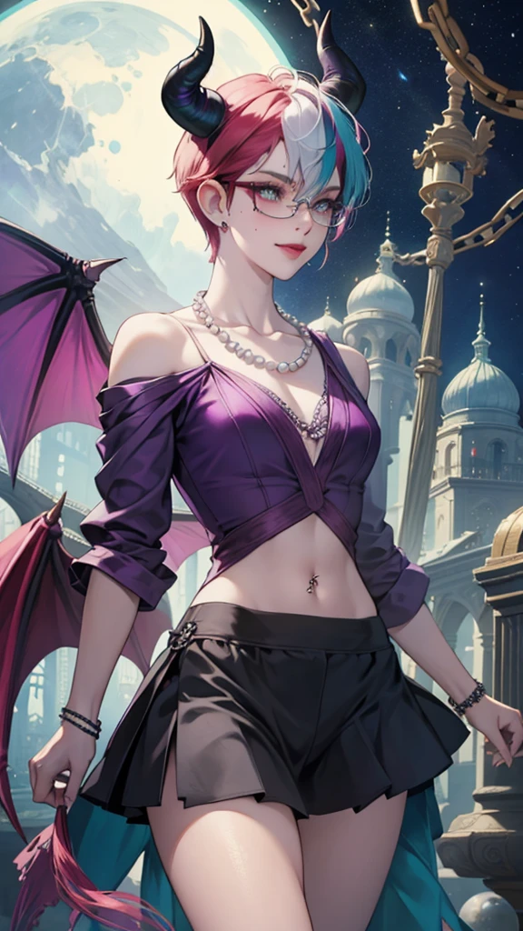 8k, masterpiece, best quality, highly detailed, 1 girl, tiefling, warlock, pixie cut, multicolored hair, very short straight hair red highlight hair on white hair, strippled hair, wearing glasses, round glasses, earrings, navel piercing, red eyeshadow, long eyelashes, blushed cheek, red lips, pearl necklace, rings, collarbone, mole on face, glamorous, teal and purple clothes, sleeveless, miniskirt, smirk, close up view, rings, looking at viewer, demon horns, solo, starry sky, pale blue moon, standing, boxing stance, demonic arms, chains on the background.