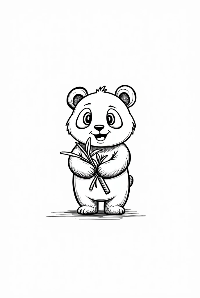 The illustration should be in [SUPER SIMPLE], black and white, bold line art with a clear, mostly empty background. [INCLUDES ONLY OUTLINES WITH NO FILLED IN BLACK AREAS], ensuring no shading, no complex images, and making it very easy to color in between the lines. A smiling panda holding bamboo.