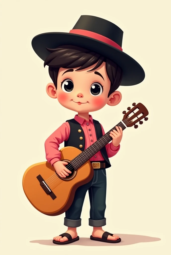 A cartoon of a , Dressed in black cloth pants and a pink long-sleeved shirt tucked into the pants with buttons, black vest without buttons, sandals and a black Vallegrandino hat and a guitar standing on the left side ,grabbing with one hand 