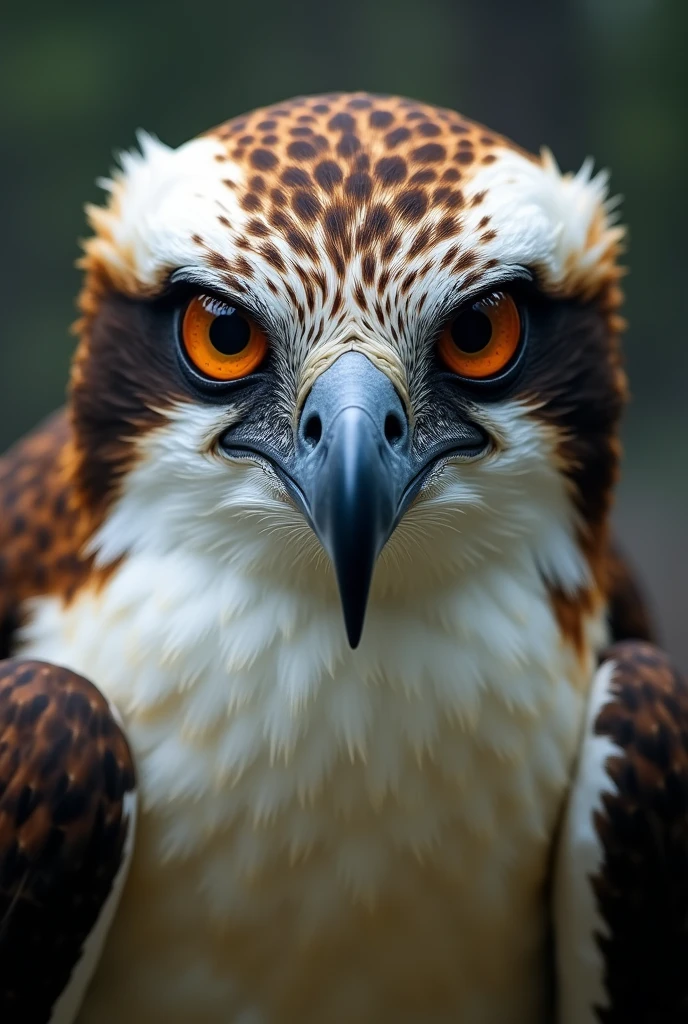 An Osprey bird facing towards the camera , eyes focused on prey outside the frame, close up view of the head , eyes looking beside the camera slightly away from direct gaze at camera,