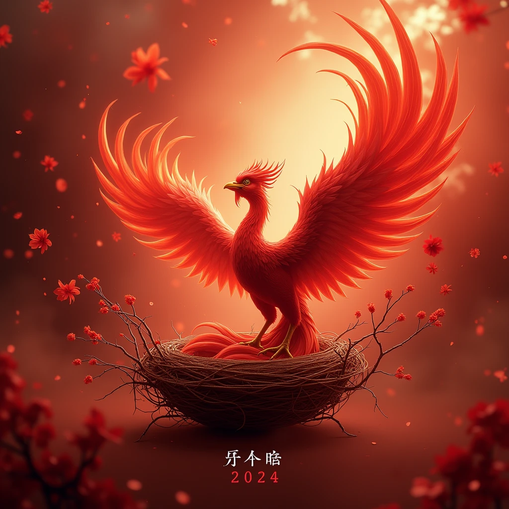 the word "China 2024", Chinese style Nest, phoenix, zentagle, red theme. Beautiful cinematic lighting, surreal, color graded, dynamic movement, captivating chiaroscuro, full body, award-winning, cinematic still, emotional, vignette, dynamic, vivid, (masterpiece, best quality, photorealistic, Professional, perfect composition, very aesthetic, absurdres, ultra-detailed, intricate details:1.3)