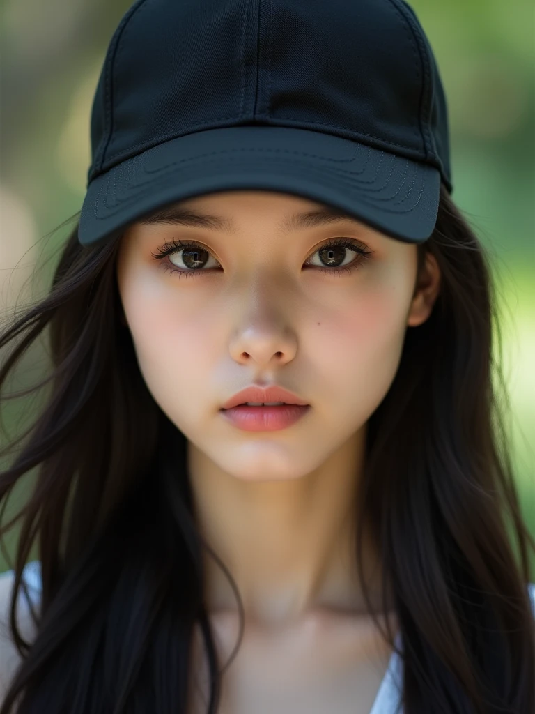 chinese girl 20 years old , with flawless face,focus on her gaze,cute,beautiful,high quality beautiful,black hair ,with black bisbol hat,casual style ,natural ,badass