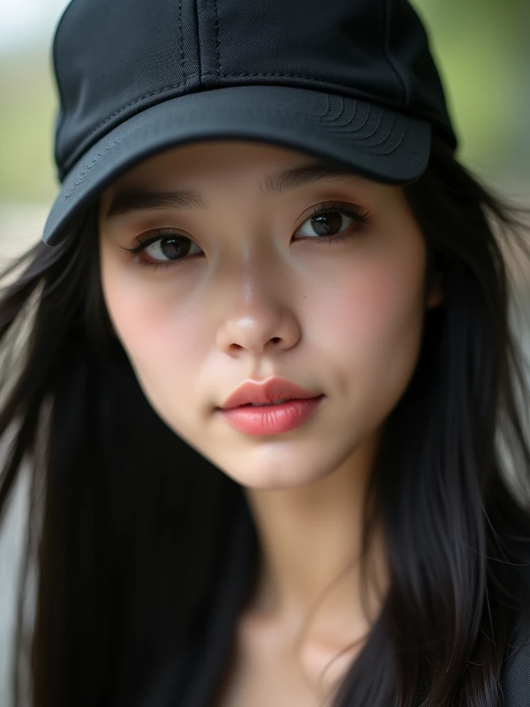chinese girl 20 years old , with flawless face,focus on her gaze,cute,beautiful,high quality beautiful,black hair ,with black bisbol hat,casual style ,natural ,badass