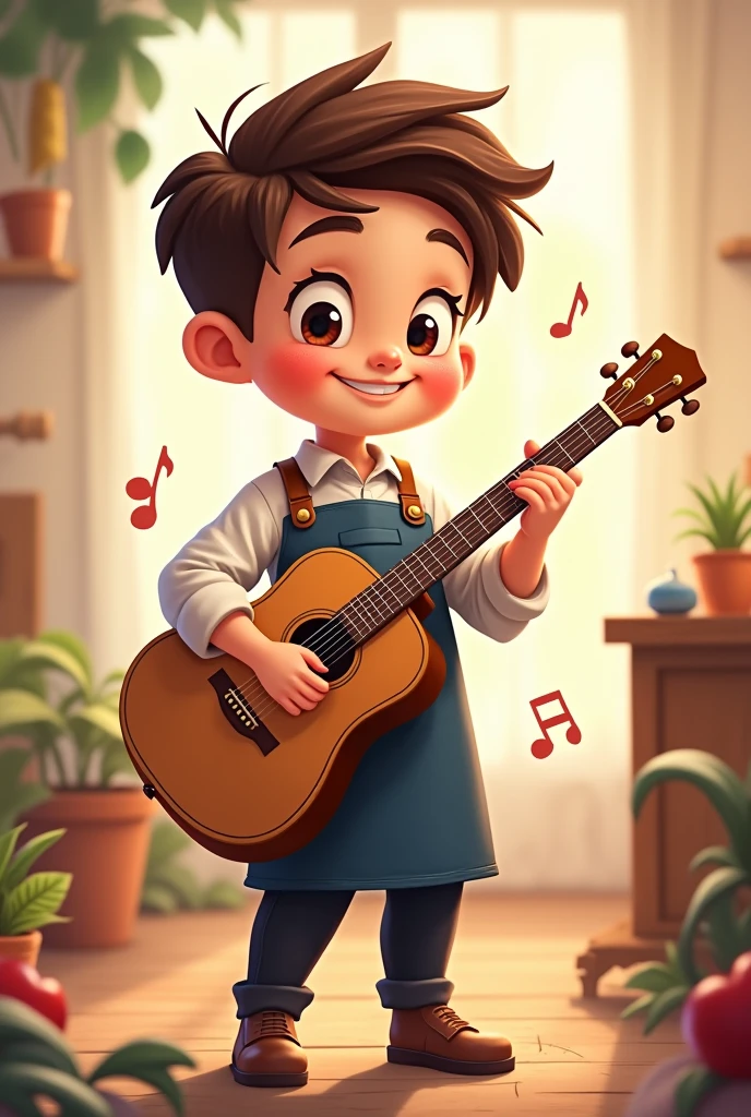 Full body cartoon boy with hair combed and wearing navy blue apron with brown leather details and white long sleeve button down shirt, black pants. An acoustic guitar in his right hand. Musical notes everywhere