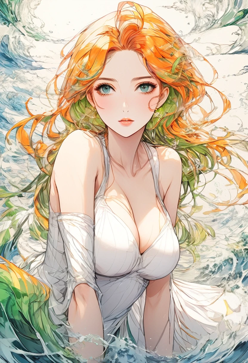 1girl, elegant erotic beautiful girl, big breasts, ((short orange hair)), hair is short, ((green ribbon in hair)), maxi dress, adultery, indecent, vulgar, Nakano Yotsuba, intricate details, delicate facial features, beautiful blue eyes, ulzzang, long eyelashes, small nose, full lips, porcelain skin, natural lighting, warm color palette, chiaroscuro lighting, dramatic shadows, sensual, alluring, mature themes, artistic, dreamlike, ethereal, ((arms behind back)), thigh highs, ((white panties)), sideboob, cleavage, looking at viewer, ulzzang, (blue eyes),
