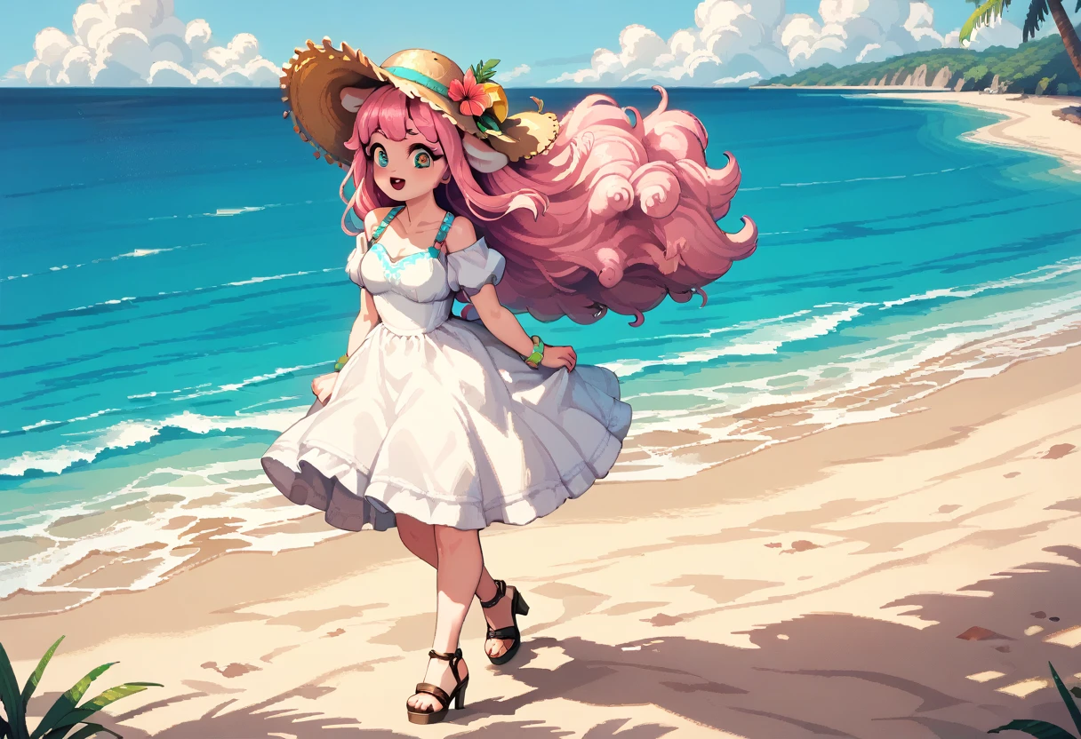 masterpiece, Highest quality, 8k, \(Pixel art, Vivid, Highest quality\), \((One person)), (young woman, Open your mouth, Fluffy hair, Long Hair, Hair like sheep's hair, Pink Hair, eyebrow, 太いeyebrow, White dress, Straw hat, High heel sandals\), (Highest quality:1.0), (\Seaside, Walking on the beach, evening\), One Alpaca