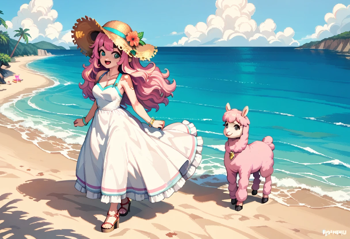 masterpiece, Highest quality, 8k, \(Pixel art, Vivid, Highest quality\), \((One person)), (young woman, Open your mouth, Fluffy hair, Long Hair, Hair like sheep's hair, Pink Hair, eyebrow, 太いeyebrow, White dress, Straw hat, High heel sandals\), (Highest quality:1.0), (\Seaside, Walking on the beach, evening\), One Alpaca