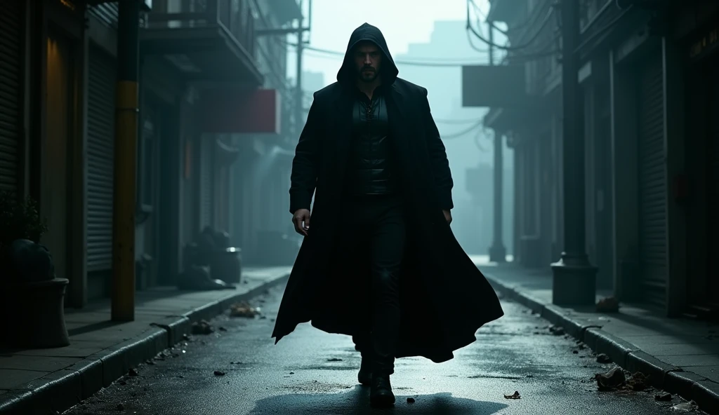 image haute qualité 16K, photo réaliste, vu de très haut, près que vol d'avion. Un homme 40 ans Keanu Reeves de physique imposant, mesurant 1,80 mètre, se tient debout avec assurance marchant avec détermination faisant face a la camera. Sa silhouette imposante est mise en valeur par une musculature robuste, témoignant d'une force physique impressionnante. Il est vêtu d'une tenue principalement noire, avec un tissu épais qui semble à la fois fonctionnel et élégant de physique imposant, mesurant 1,80 mètre, il tiens dans mains droite un fusil a pompe, se tient debout avec assurance marchant avec détermination faisant face a la camera. Sa silhouette imposante est mise en valeur par une musculature robuste, témoignant d'une force physique impressionnante. Il est vêtu d'une tenue principalement noire, avec un tissu épais qui semble à la fois fonctionnel et élégant. Sur son torse, il porte un plastron noir mat, renforçant sa protection tout en conservant une apparence furtive. Un manteau long trainant sur le sol derrière lui en tissu épais, également noir, légèrement ouvert, bougeant au rythme de ses pas, accentuant l'aura de mystère qui l'entoure. Sa capuche ample, tirée profondément sur sa tête, plonge son visage dans une obscurité totale, dissimulant ses traits et ajoutant une note énigmatique à sa présence. Même sous la lumière d'une nuit noir, son visage reste indiscernable, caché dans l'ombre, Ses pieds sont chaussés de bottes en cuir noires de style Doc Martens, avec des lacets vert bouteille, renforcées et adaptées pour l'action. Autour de sa taille, un ceinturon en cuir solide est maintenu par une boucle argent. Le héros mystérieux se tient là, calme et serein, marchant d'un pas déterminer dans une ruelle sombre et pavée, salle, quelque détritus espars longe le sol. il fait nuit, temps humide, brouillard très épais entour Keanu Reeves, au fond de la ruelle laisse apparaitre une ville. le ciel est noir avec des quelques Etoiles épars