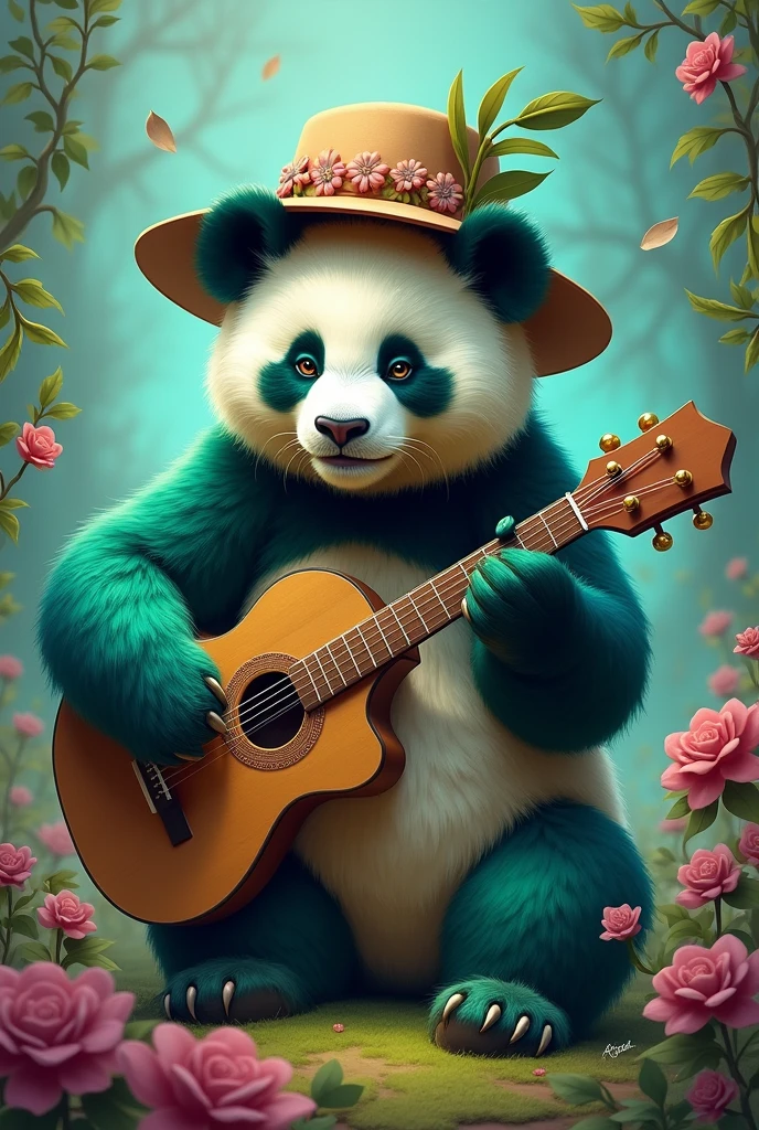 musician, panda, with hat, green blue skin