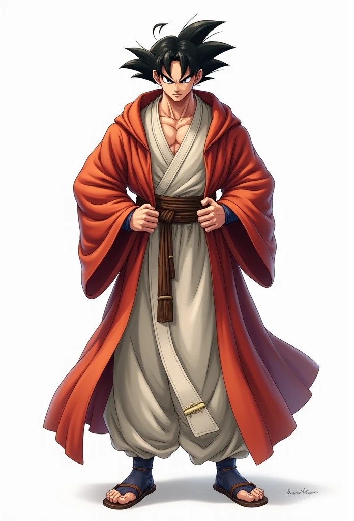 (Realistic,Realistic:1.37),Ultra-detailed,Detailed illustration of Goku(be familiar with,Emotional,Expressive,Features), Dragon Ball Z, Sun Wukong, White innerwear, Jedi Robe, Hooded Robe, Red Robe, Front opening robe, フードをsuffer, suffer, No muscle, Hide your head, Hands on hips, smile, smiling, Simple Background, White background
