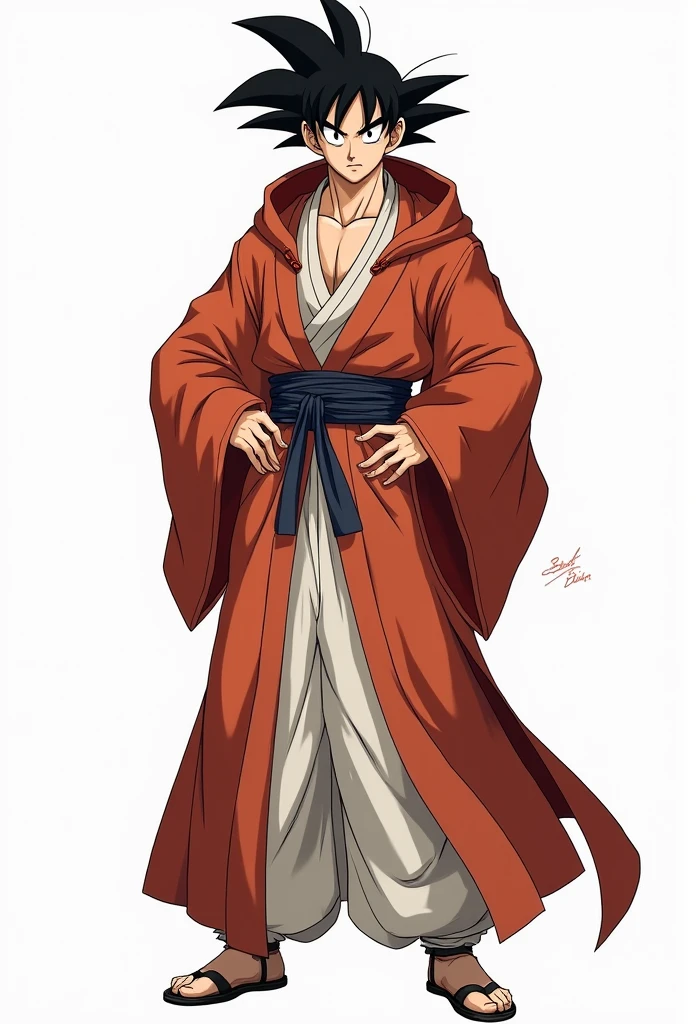 (Realistic,Realistic:1.37),Ultra-detailed,Detailed illustration of Goku(be familiar with,Emotional,Expressive,Features), Dragon Ball Z, Sun Wukong, White innerwear, Jedi Robe, Hooded Robe, Red Robe, Front opening robe, フードをsuffer, suffer, No muscle, Hide your head, Hands on hips, smile, smiling, Simple Background, White background